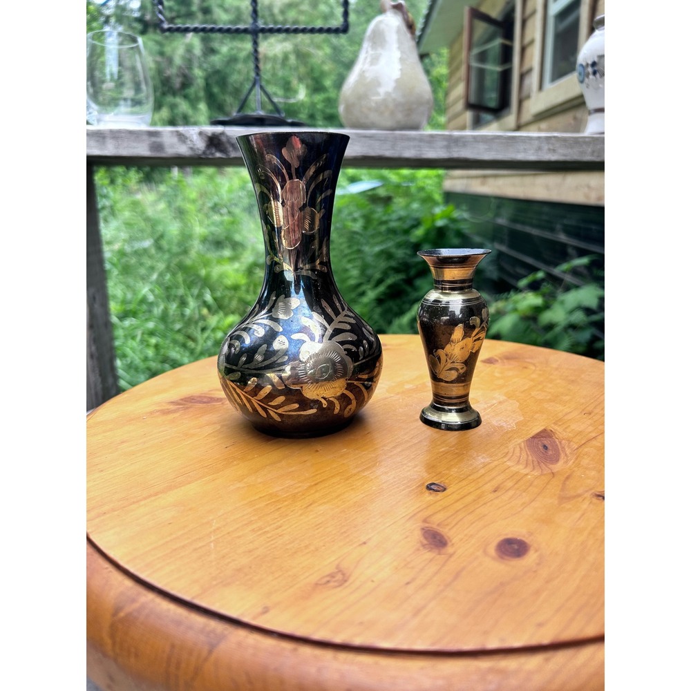 Vintage Brass Vase Set Black Enameled Etched Indian Bud Urn Boho Luxford Gifts
